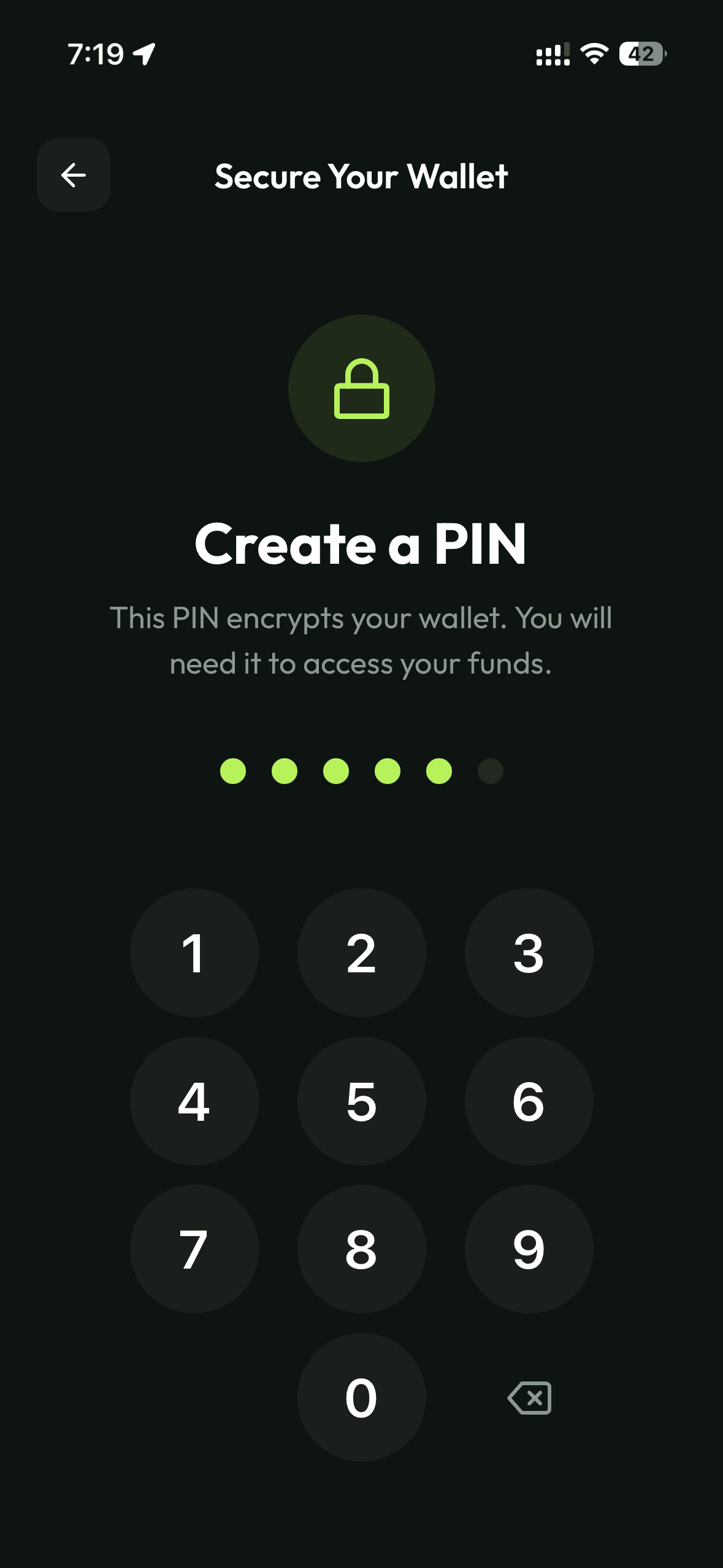 Pouch create PIN screen