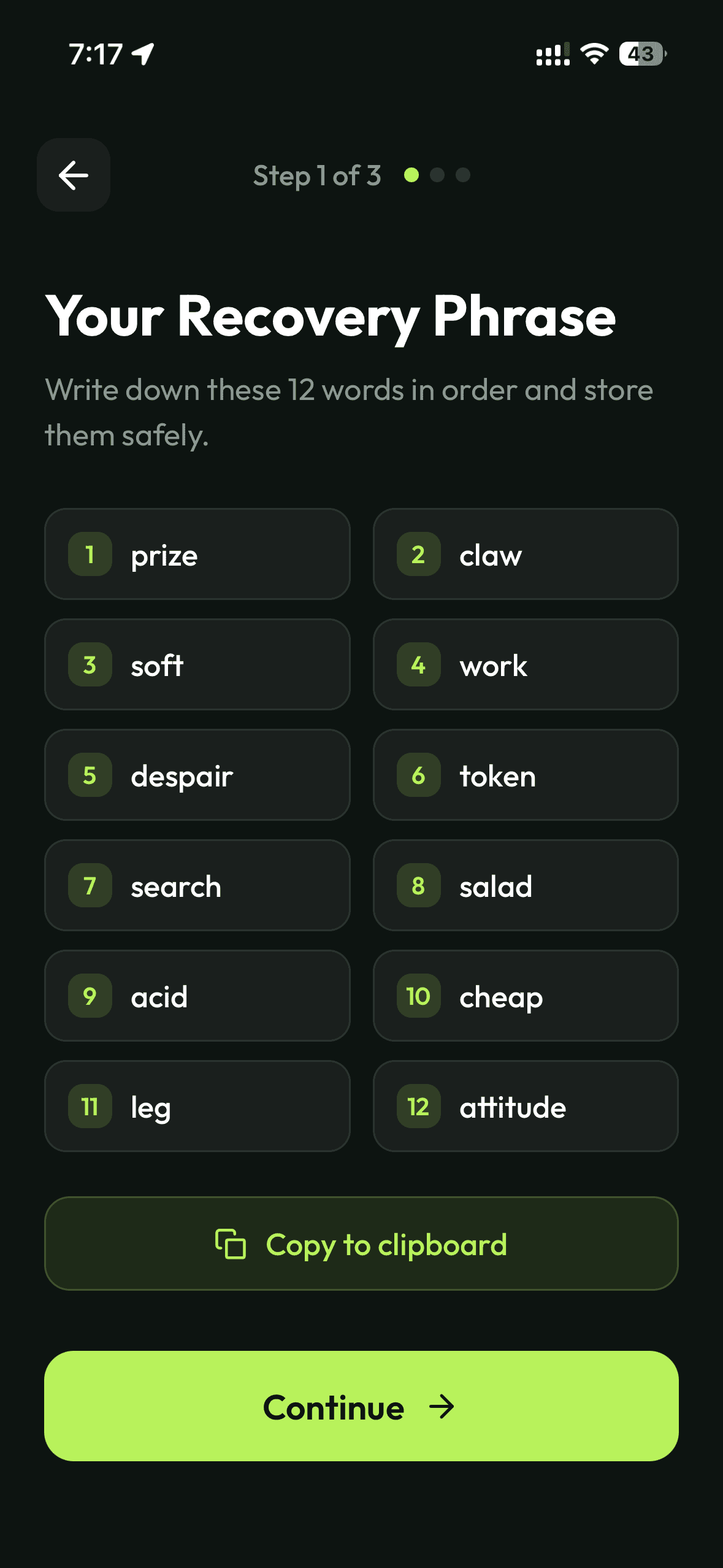 Pouch 12-word recovery phrase screen